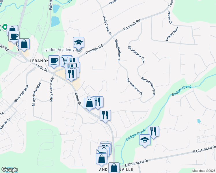 map of restaurants, bars, coffee shops, grocery stores, and more near 589 Fox Creek Crossing in Woodstock