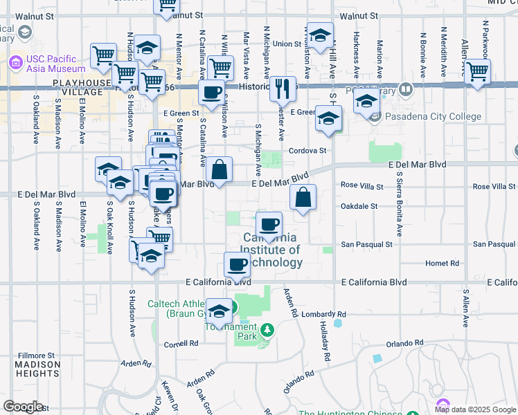 map of restaurants, bars, coffee shops, grocery stores, and more near 345 South Michigan Avenue in Pasadena