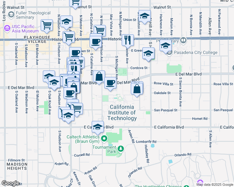 map of restaurants, bars, coffee shops, grocery stores, and more near 345 South Michigan Avenue in Pasadena