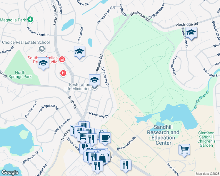 map of restaurants, bars, coffee shops, grocery stores, and more near 420 North Crossing Drive in Columbia