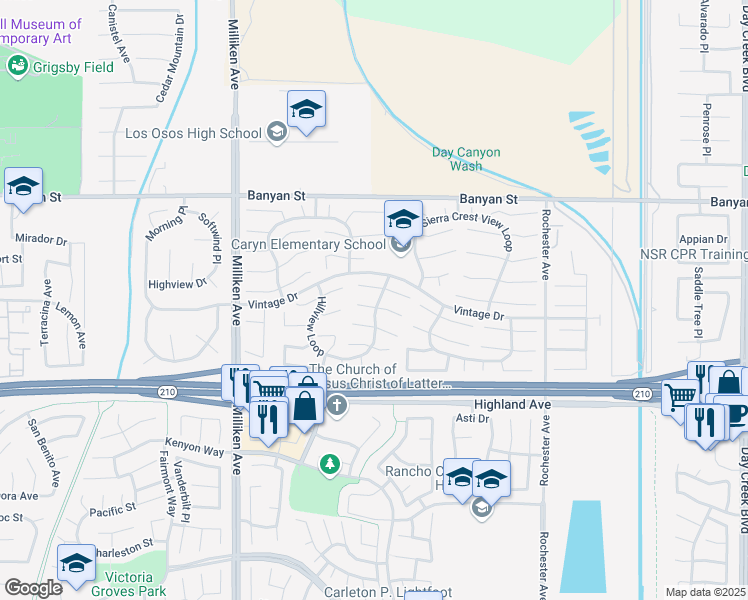 map of restaurants, bars, coffee shops, grocery stores, and more near 11570 Mount Hood Court in Rancho Cucamonga