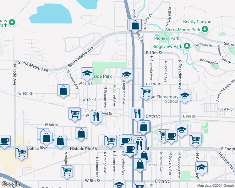 map of restaurants, bars, coffee shops, grocery stores, and more near 1018 North Sunset Avenue in Azusa
