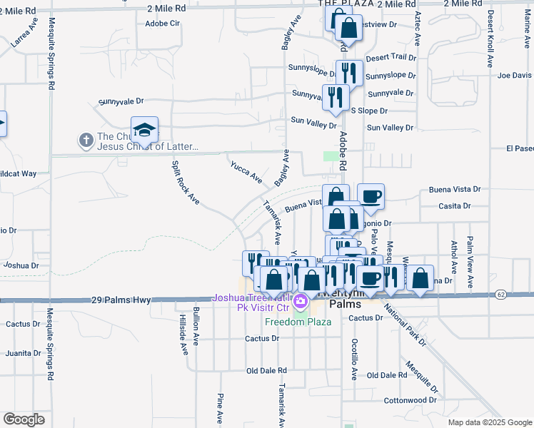 map of restaurants, bars, coffee shops, grocery stores, and more near 6278 Tamarisk Avenue in Twentynine Palms
