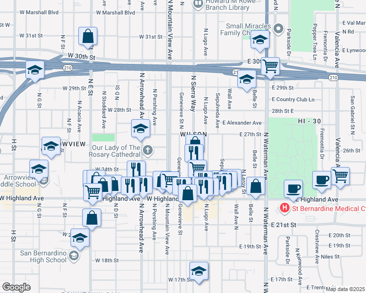 map of restaurants, bars, coffee shops, grocery stores, and more near 2617 Genevieve Street North in San Bernardino