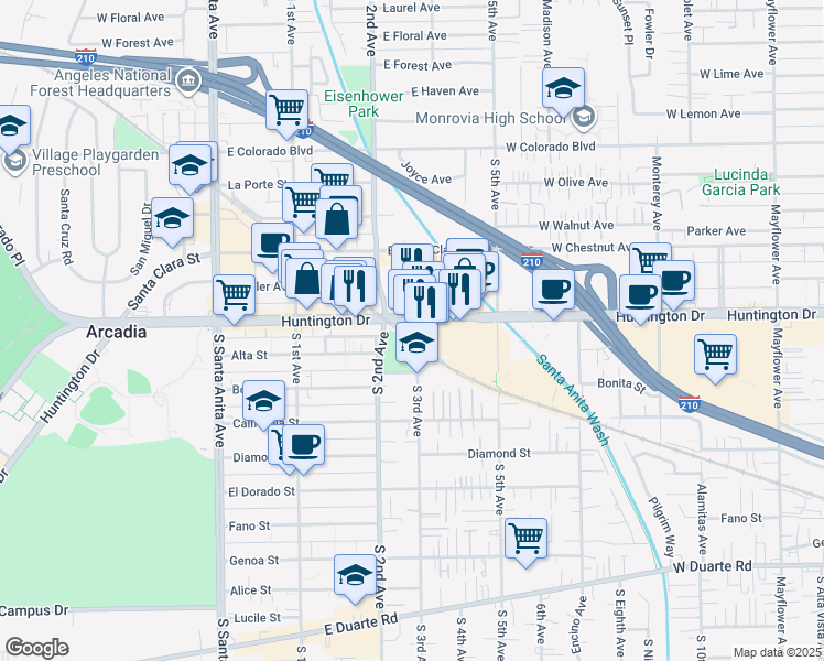 map of restaurants, bars, coffee shops, grocery stores, and more near 304 East Huntington Drive in Arcadia