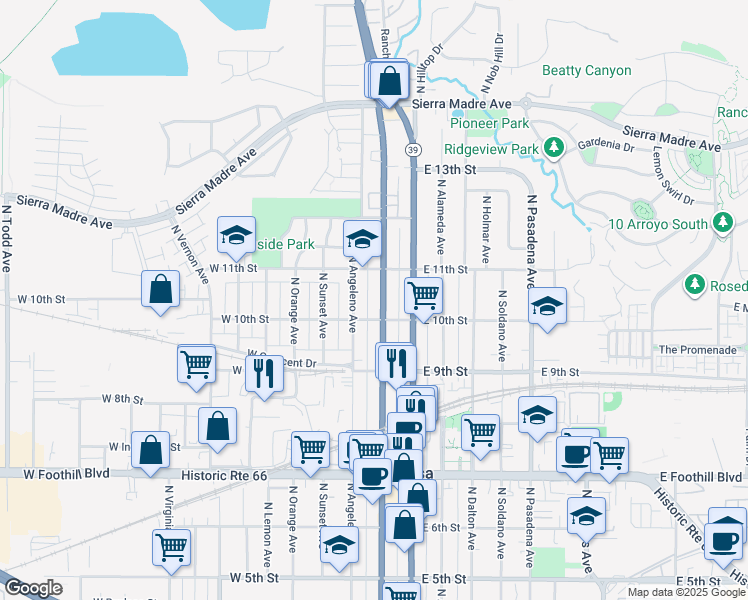 map of restaurants, bars, coffee shops, grocery stores, and more near 1027 North San Gabriel Avenue in Azusa