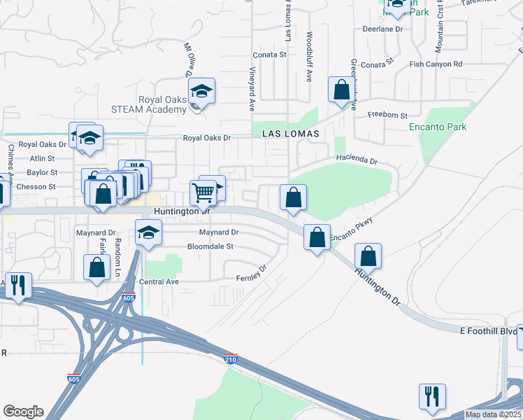map of restaurants, bars, coffee shops, grocery stores, and more near 1136 Calle Adra in Duarte