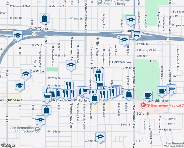 map of restaurants, bars, coffee shops, grocery stores, and more near 2617 Genevieve Street North in San Bernardino