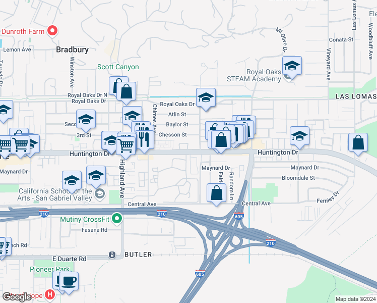 map of restaurants, bars, coffee shops, grocery stores, and more near in Irwindale