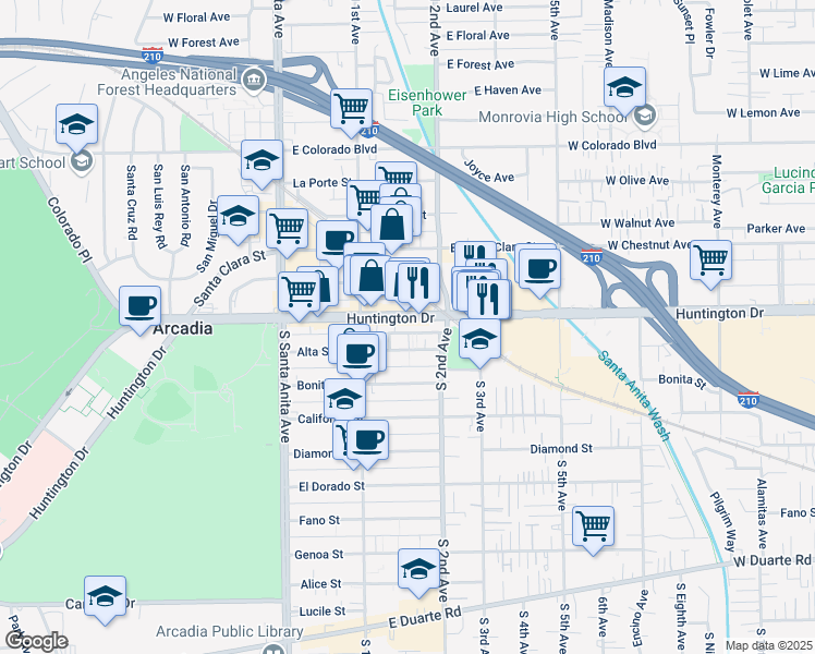 map of restaurants, bars, coffee shops, grocery stores, and more near 166 West Historic Route 66 in Arcadia