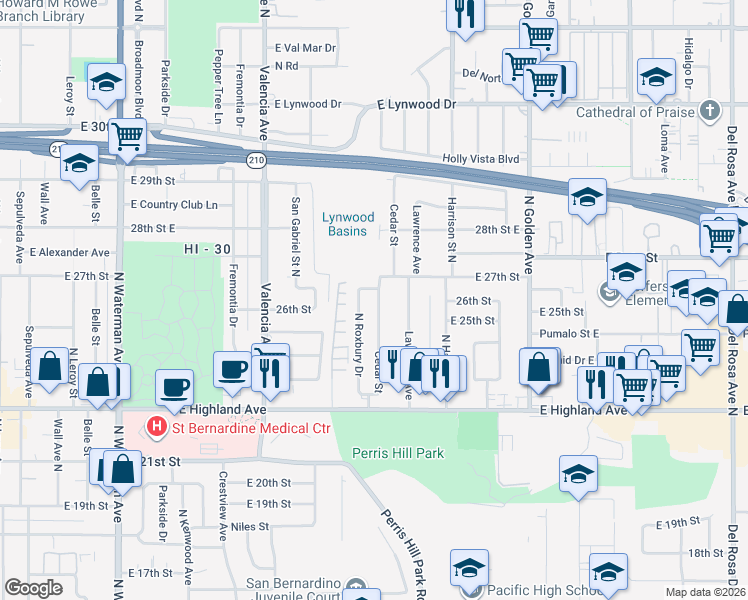 map of restaurants, bars, coffee shops, grocery stores, and more near 2588 North Roxbury Drive in San Bernardino