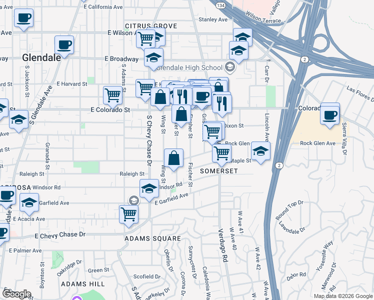 map of restaurants, bars, coffee shops, grocery stores, and more near 514 Fischer Street in Glendale