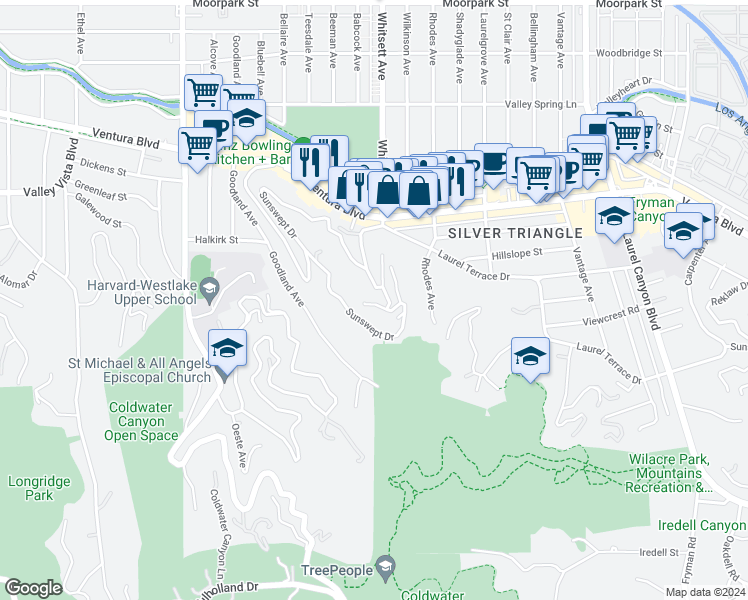 map of restaurants, bars, coffee shops, grocery stores, and more near 4117 Vanetta Place in Los Angeles