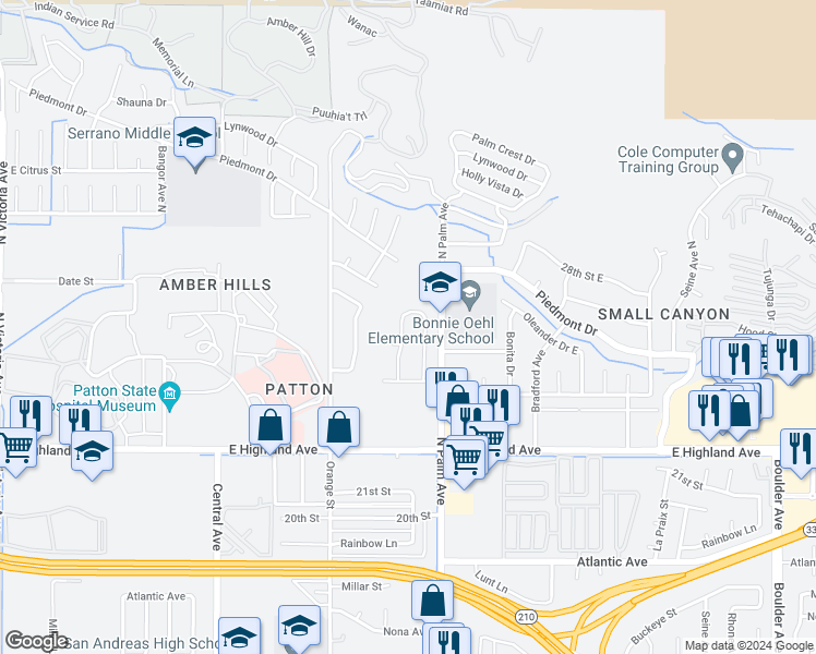 map of restaurants, bars, coffee shops, grocery stores, and more near 2551 Baldridge Canyon Drive in Highland