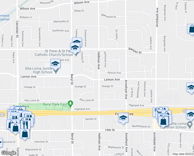 map of restaurants, bars, coffee shops, grocery stores, and more near 6314 Hellman Avenue in Rancho Cucamonga