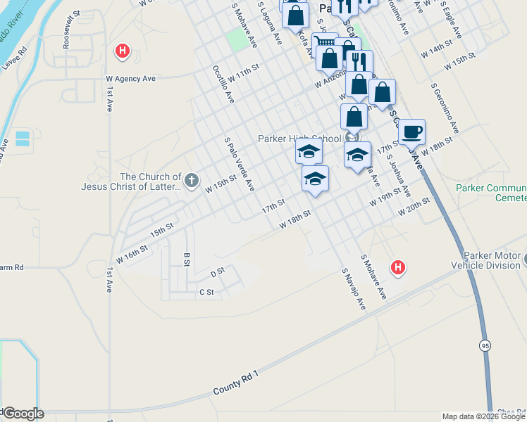 map of restaurants, bars, coffee shops, grocery stores, and more near 1698 S Palo Verde Ave in Parker
