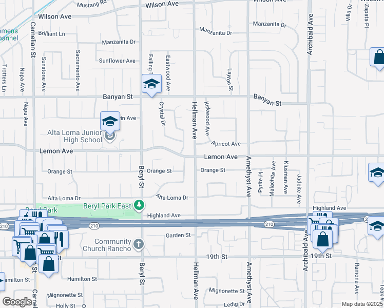 map of restaurants, bars, coffee shops, grocery stores, and more near 6314 Hellman Avenue in Rancho Cucamonga