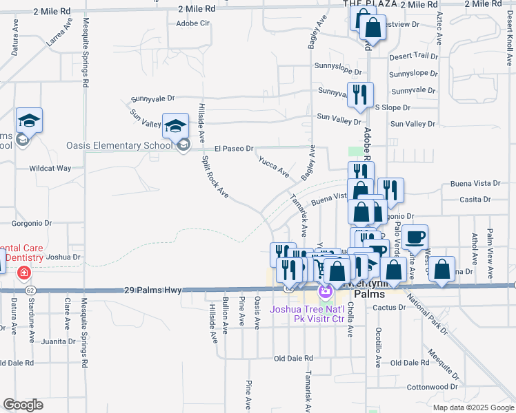 map of restaurants, bars, coffee shops, grocery stores, and more near 6384 Bagley Avenue in Twentynine Palms