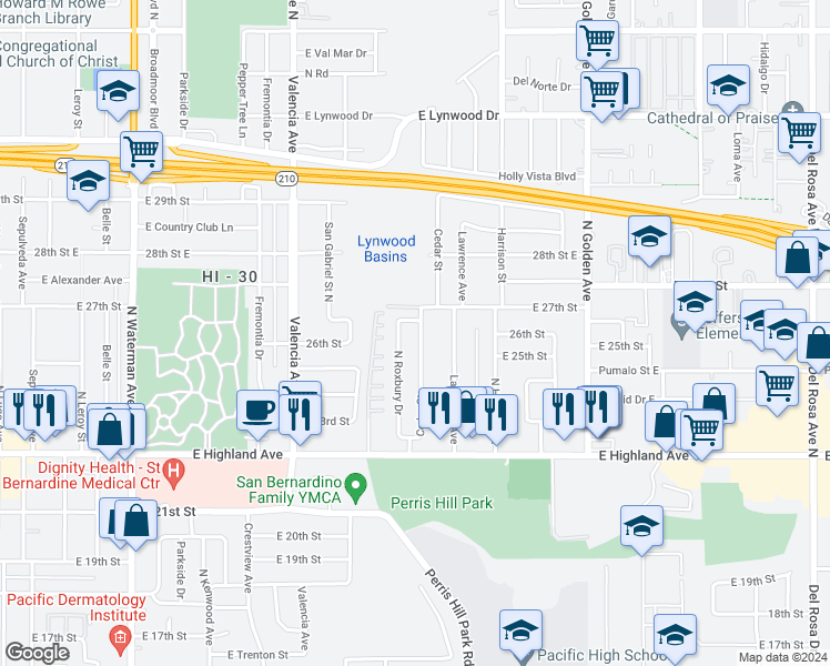 map of restaurants, bars, coffee shops, grocery stores, and more near 2588 North Roxbury Drive in San Bernardino