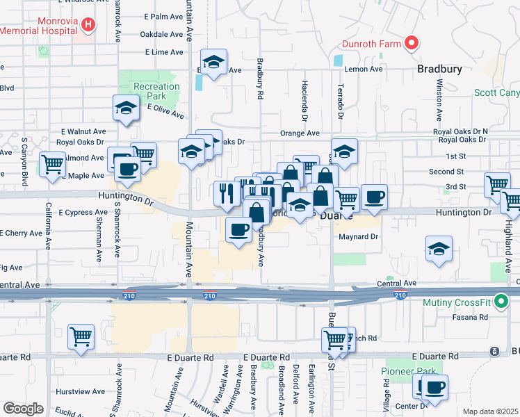 map of restaurants, bars, coffee shops, grocery stores, and more near 1043 East Huntington Drive in Monrovia