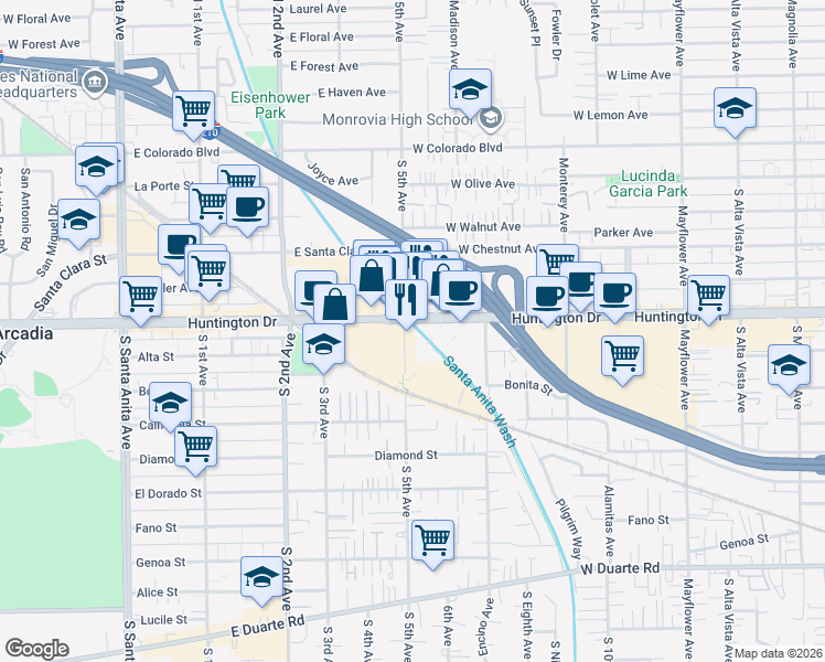 map of restaurants, bars, coffee shops, grocery stores, and more near in Arcadia