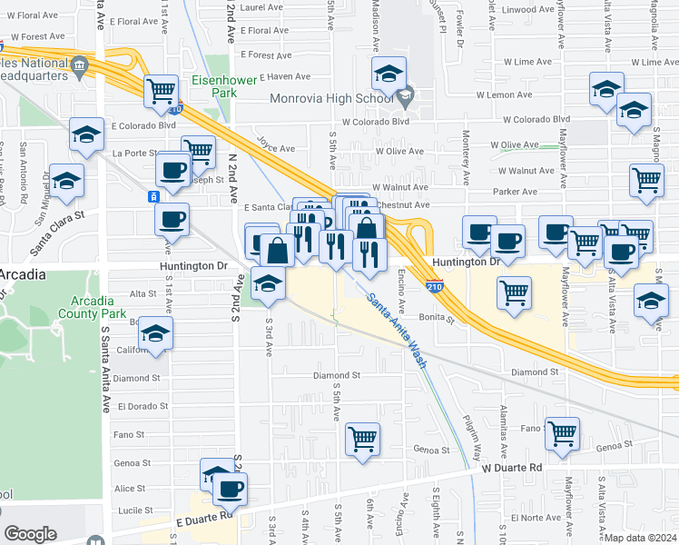 map of restaurants, bars, coffee shops, grocery stores, and more near in Arcadia