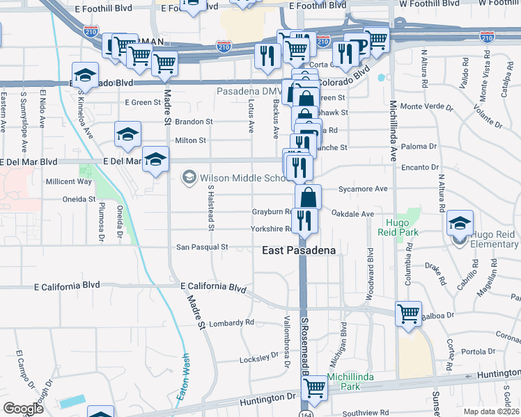 map of restaurants, bars, coffee shops, grocery stores, and more near 3629 Grayburn Road in Pasadena