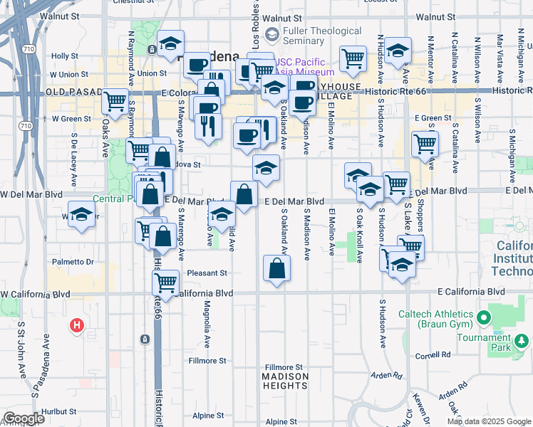 map of restaurants, bars, coffee shops, grocery stores, and more near 335 South Los Robles Avenue in Pasadena