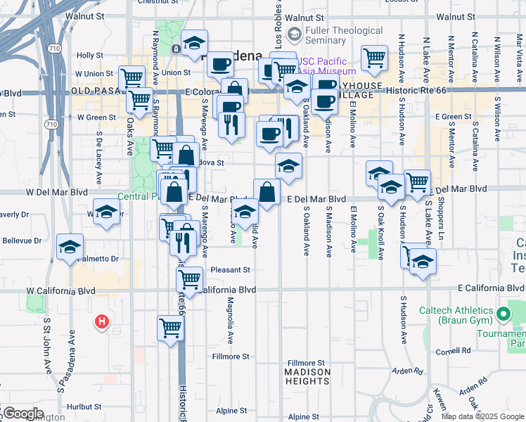 map of restaurants, bars, coffee shops, grocery stores, and more near 350 East Del Mar Boulevard in Pasadena