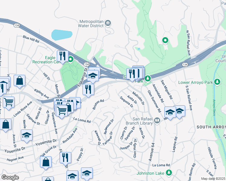 map of restaurants, bars, coffee shops, grocery stores, and more near 85 Sequoia Drive in Pasadena