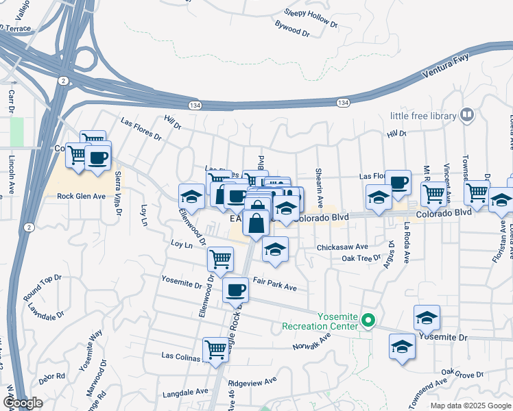 map of restaurants, bars, coffee shops, grocery stores, and more near 5128 Eagle Rock Boulevard in Los Angeles