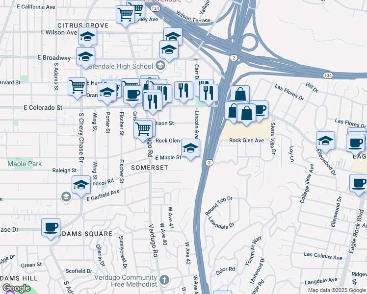 map of restaurants, bars, coffee shops, grocery stores, and more near 1536 Rock Glen Avenue in Glendale