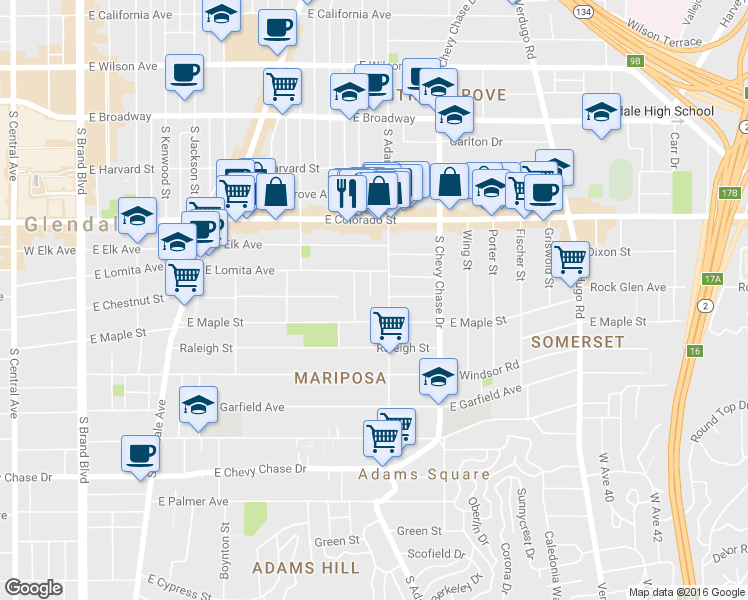 map of restaurants, bars, coffee shops, grocery stores, and more near 513 South Adams Street in Glendale