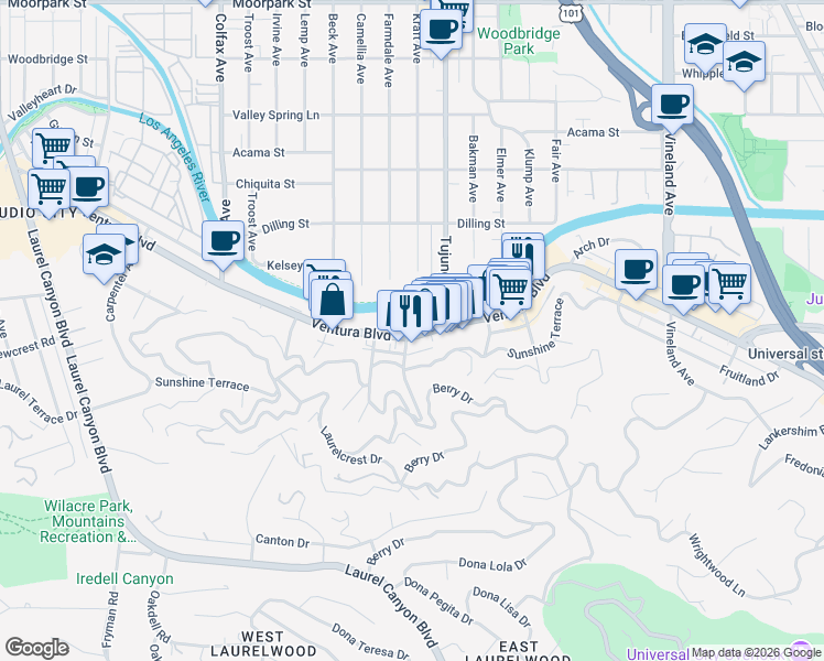 map of restaurants, bars, coffee shops, grocery stores, and more near 11441 Ventura Boulevard in Los Angeles