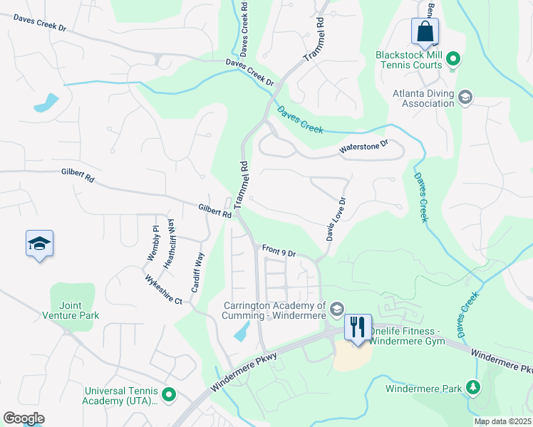 map of restaurants, bars, coffee shops, grocery stores, and more near 5335 Davenport Manor in Cumming