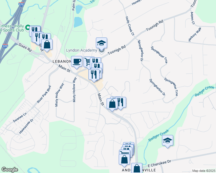 map of restaurants, bars, coffee shops, grocery stores, and more near 407 Red Coat Lane in Woodstock