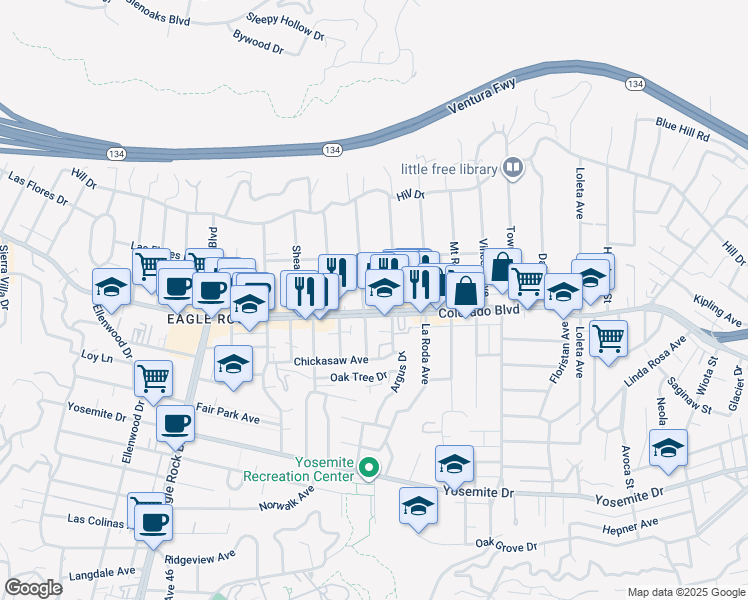 map of restaurants, bars, coffee shops, grocery stores, and more near 1823 Colorado Boulevard in Los Angeles