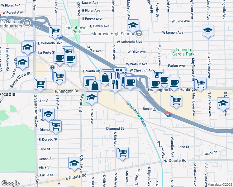 map of restaurants, bars, coffee shops, grocery stores, and more near in Arcadia