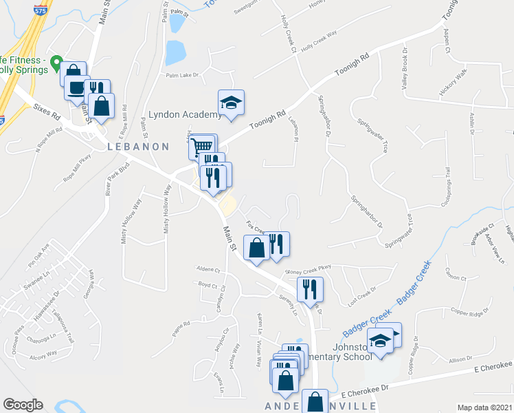 map of restaurants, bars, coffee shops, grocery stores, and more near 425 Red Coat Lane in Woodstock