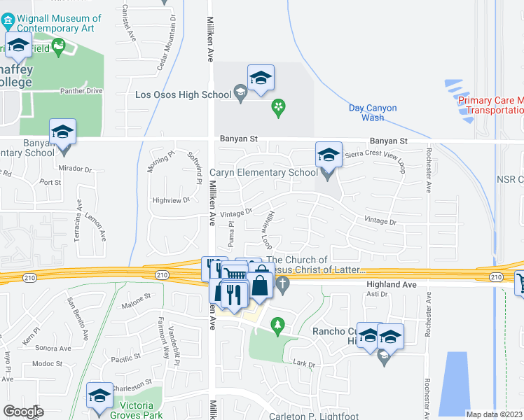 map of restaurants, bars, coffee shops, grocery stores, and more near 11442 Tioga Peak Court in Rancho Cucamonga