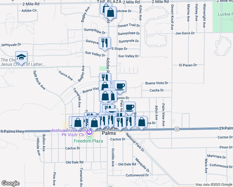 map of restaurants, bars, coffee shops, grocery stores, and more near Ocotillo Avenue in Twentynine Palms
