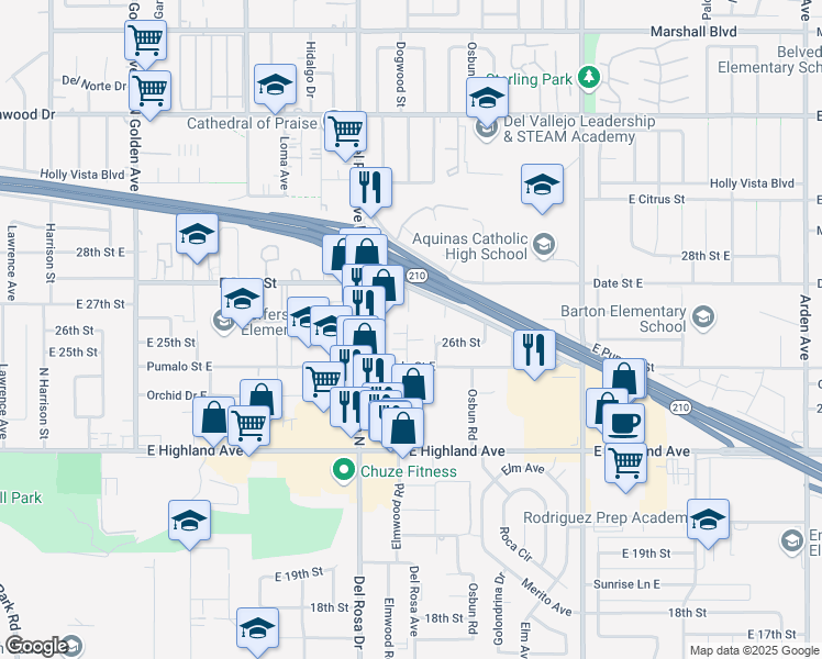 map of restaurants, bars, coffee shops, grocery stores, and more near Taylor Drive in Cherry Valley
