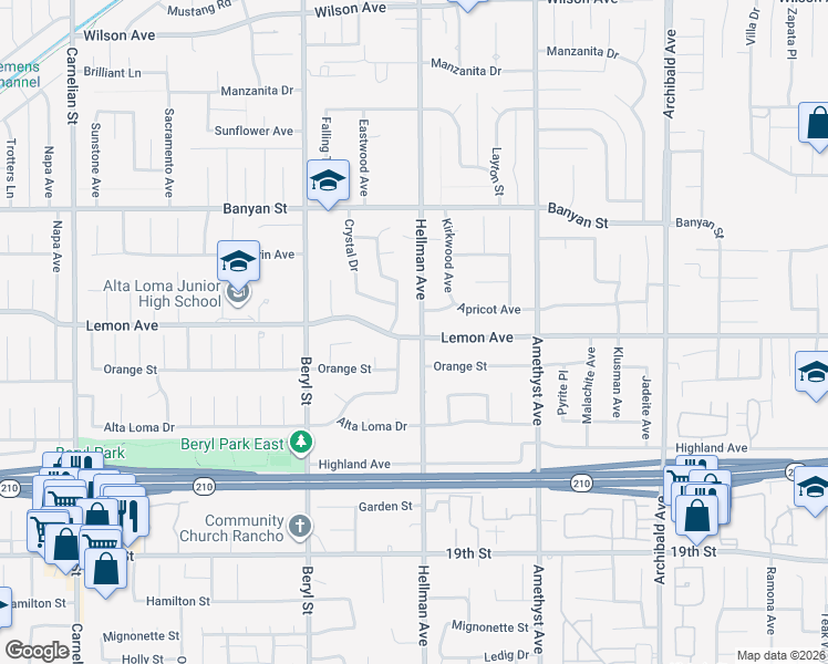 map of restaurants, bars, coffee shops, grocery stores, and more near 6314 Hellman Avenue in Rancho Cucamonga