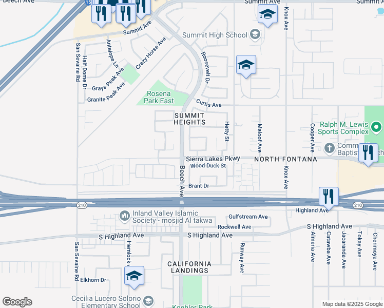 map of restaurants, bars, coffee shops, grocery stores, and more near 15341 Brianne Lane in Fontana
