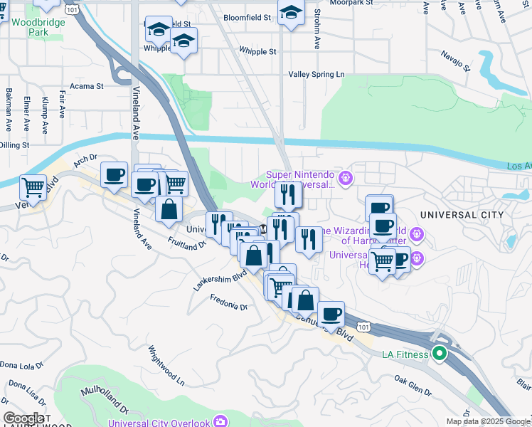 map of restaurants, bars, coffee shops, grocery stores, and more near 3919 Lankershim Boulevard in Los Angeles