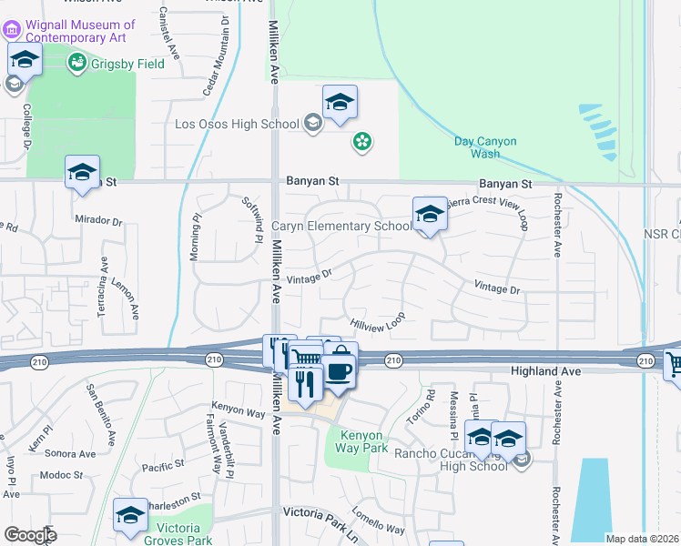 map of restaurants, bars, coffee shops, grocery stores, and more near 11442 Tioga Peak Court in Rancho Cucamonga