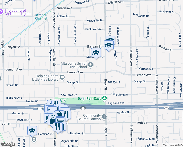 map of restaurants, bars, coffee shops, grocery stores, and more near 6316 Zircon Avenue in Rancho Cucamonga