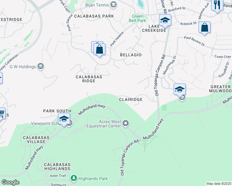 map of restaurants, bars, coffee shops, grocery stores, and more near 23473 Palm Drive in Calabasas