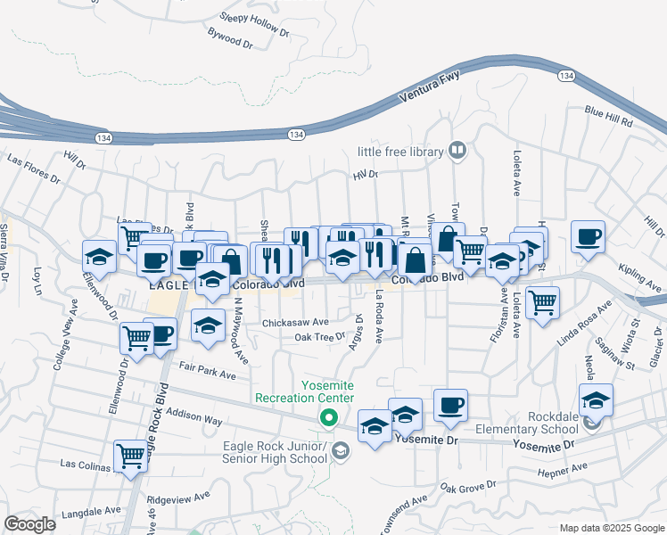 map of restaurants, bars, coffee shops, grocery stores, and more near 1823 Colorado Boulevard in Los Angeles
