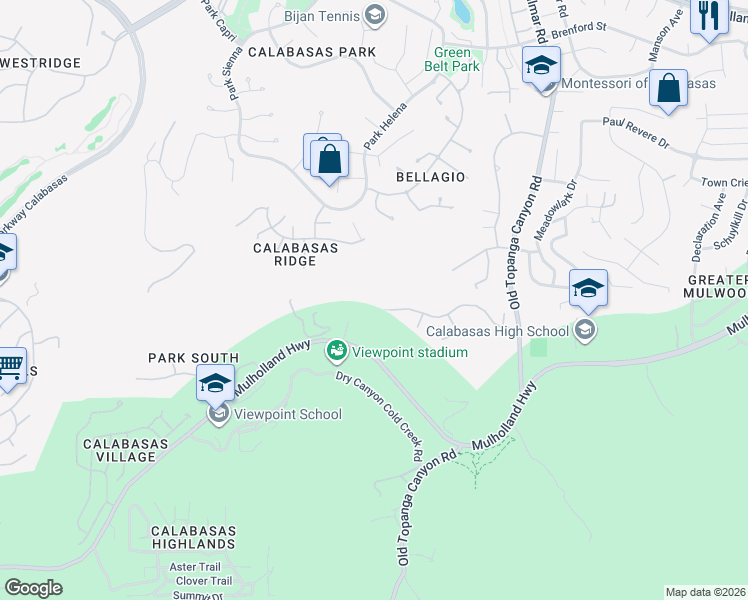 map of restaurants, bars, coffee shops, grocery stores, and more near 23477 Palm Drive in Calabasas